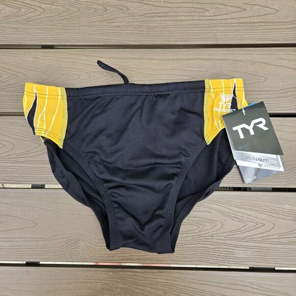 TYR Men Durafast Elite Phoenix Black/gold Drawstring Swim Racer Brief SZ 30 New - Picture 1 of 3